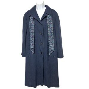 Bromleigh VTG 100% Pure Wool Blue Maxi Coat Women's L/XL Paisley Scarf ILGWU USA